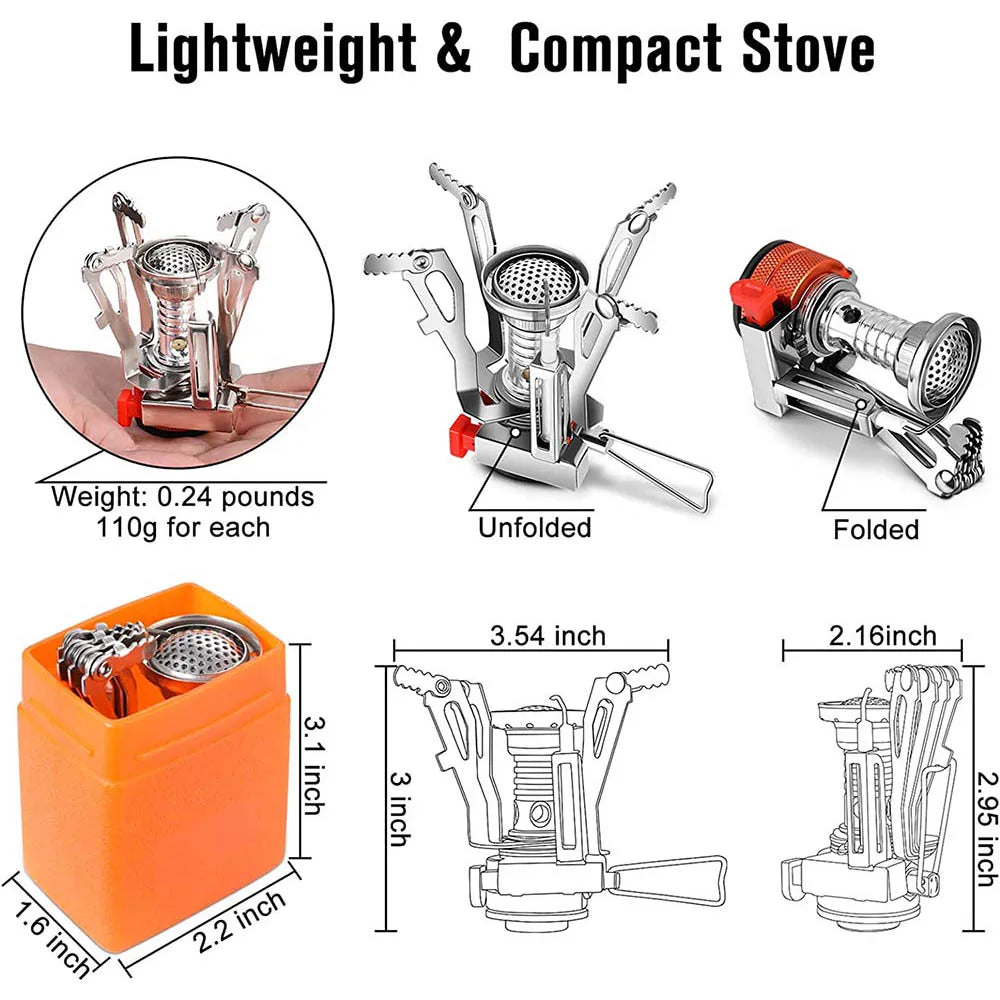 Infographie 'Lightweight & Compact Stove' : poids 110 g, boîtier 1,6×2,2×3,1 pouces, réchaud déployé 3,54×3 pouces, reployé 2,16×2,95 pouces