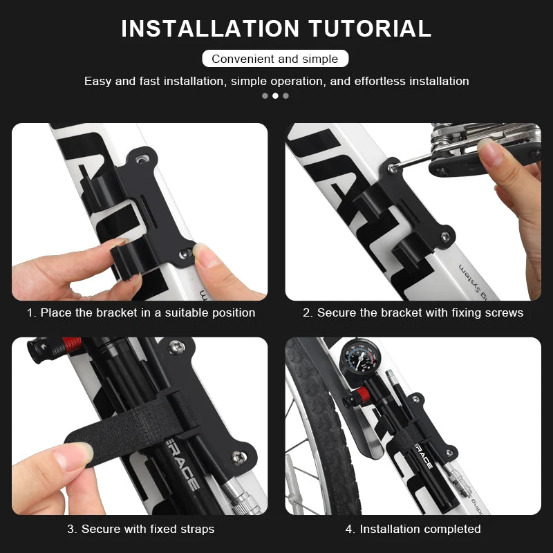 Tutoriel de montage support cadre RIDERACE — 4 étapes : positionnement, vissage, sangle de fixation, pompe installée sur tube de vélo
