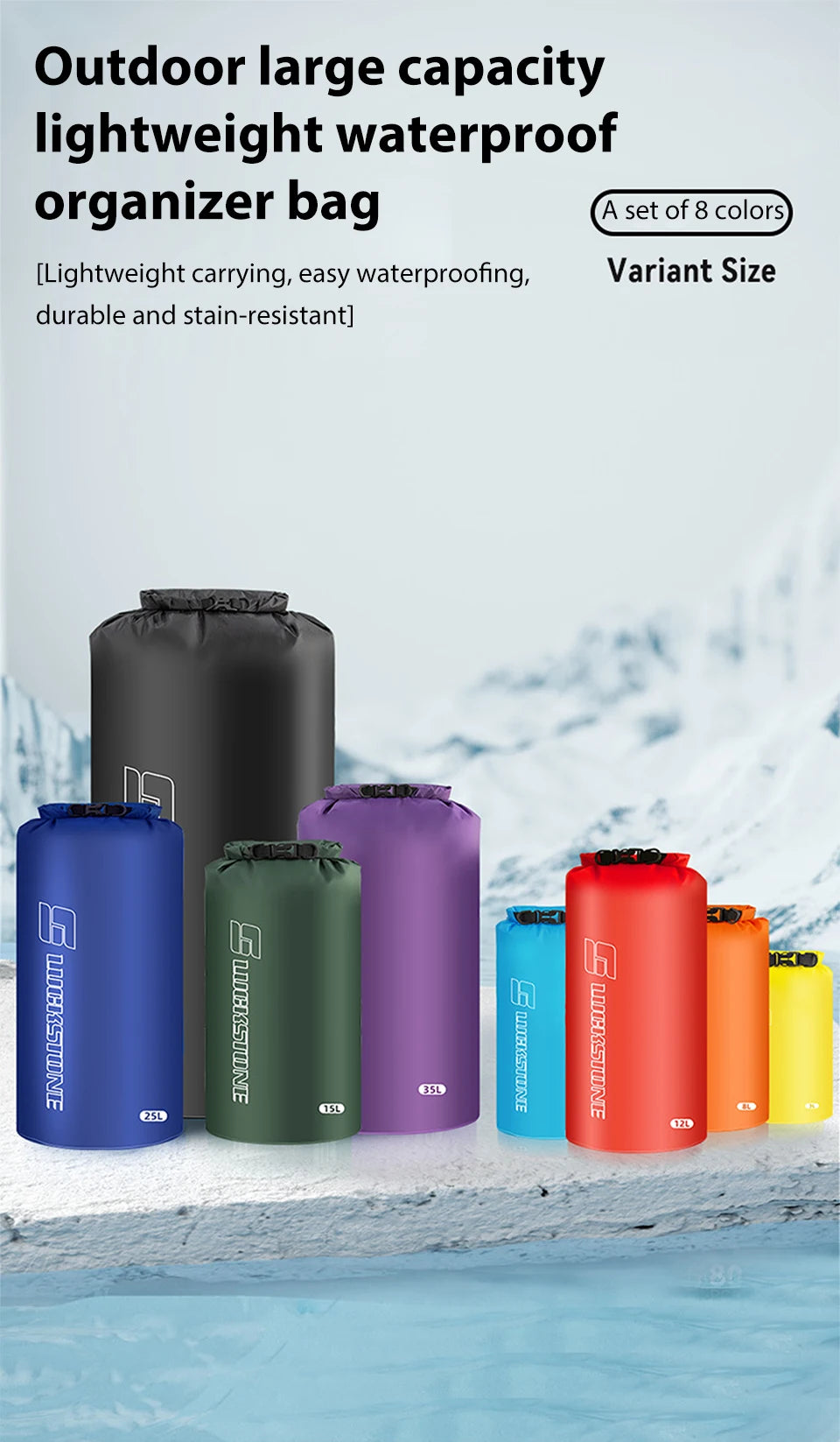 Grille des 8 coloris disponibles avec les tailles correspondantes