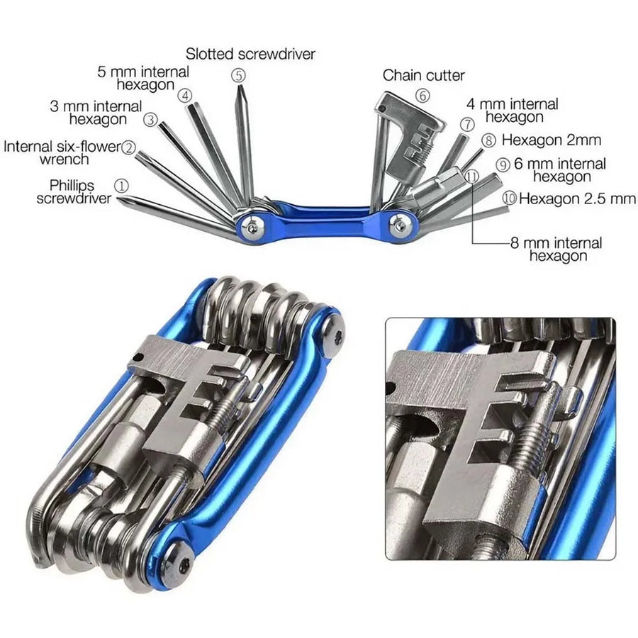 Schéma annoté des 11 fonctions : clés Allen 2–8mm, coupe-chaîne, tournevis, zoom sur le mécanisme de cassure de chaîne