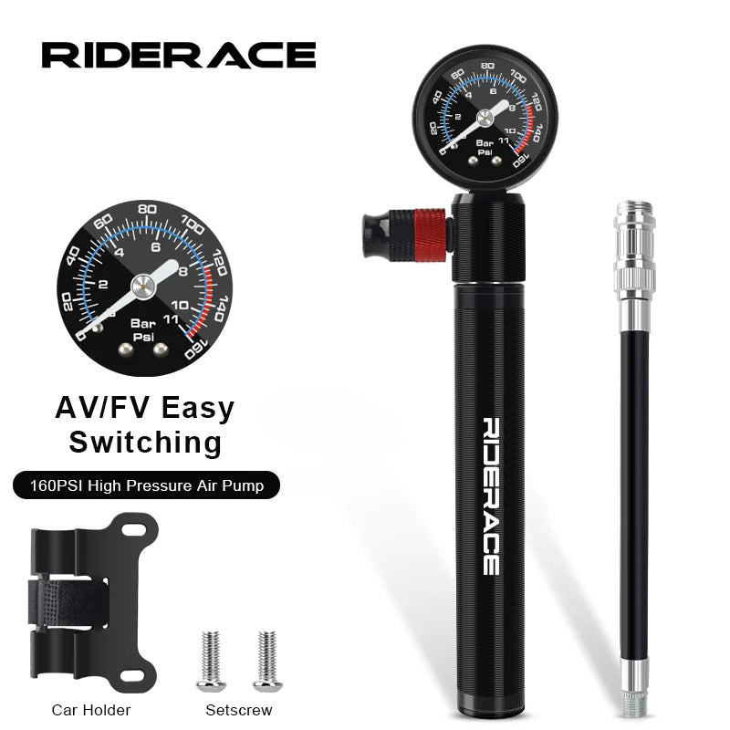 Pompe à main RIDERACE 160 PSI — corps aluminium noir, manomètre analogique Bar/PSI, embout AV/FV switchable, tuyau flexible et support cadre inclus