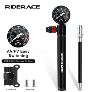 Pompe à main RIDERACE 160 PSI — corps aluminium noir, manomètre analogique Bar/PSI, embout AV/FV switchable, tuyau flexible et support cadre inclus