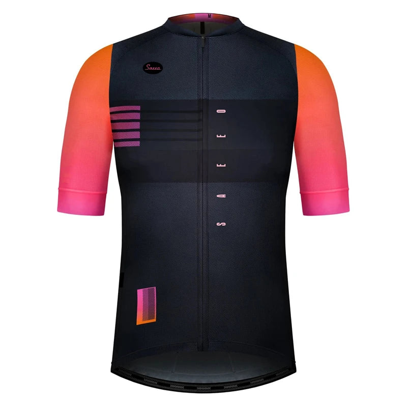 Maillot cyclisme homme coloris noir avec manches dégradées orange vers rose