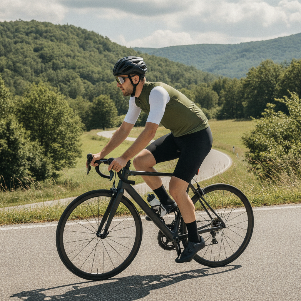 Cycliste en tenue complète (cuissard à bretelles noir + maillot olive) roulant sur route de campagne, pad interne invisible