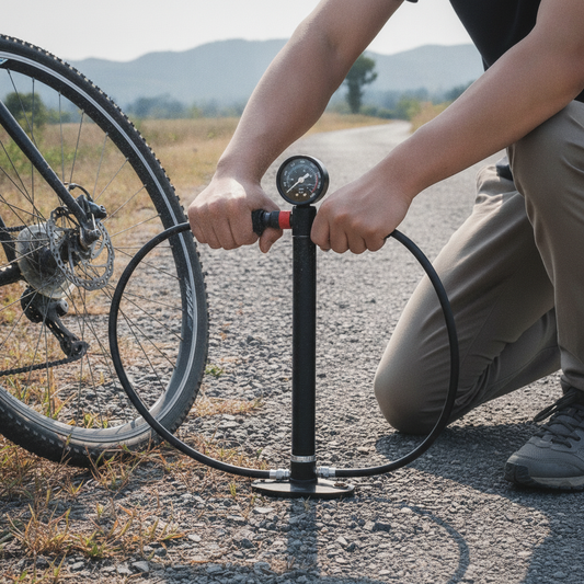 Cycliste gonflant un pneu de vélo en bord de route avec la pompe Velotrip 160 PSI, manomètre analogique lisible en cours de gonflage