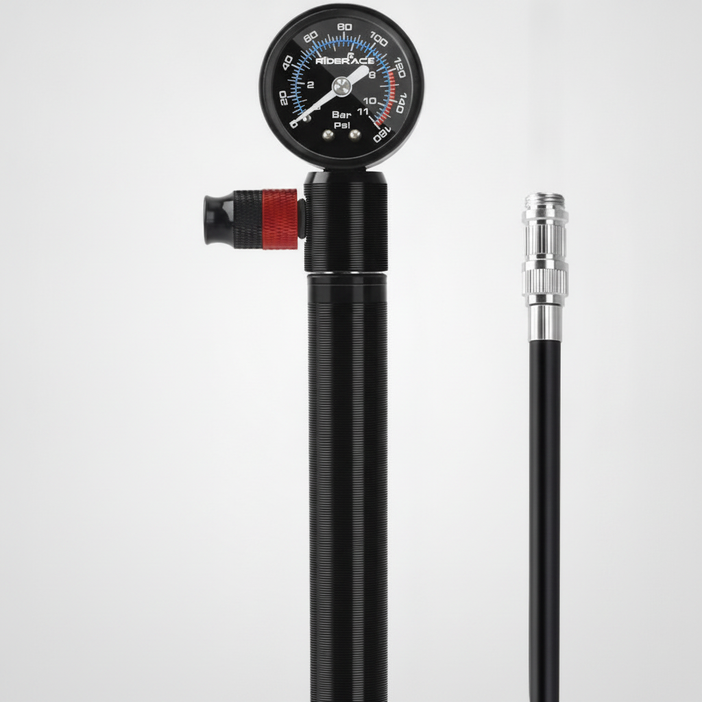 Pompe à vélo Velotrip 160 PSI — vue studio détaillée du manomètre et du corps de pompe