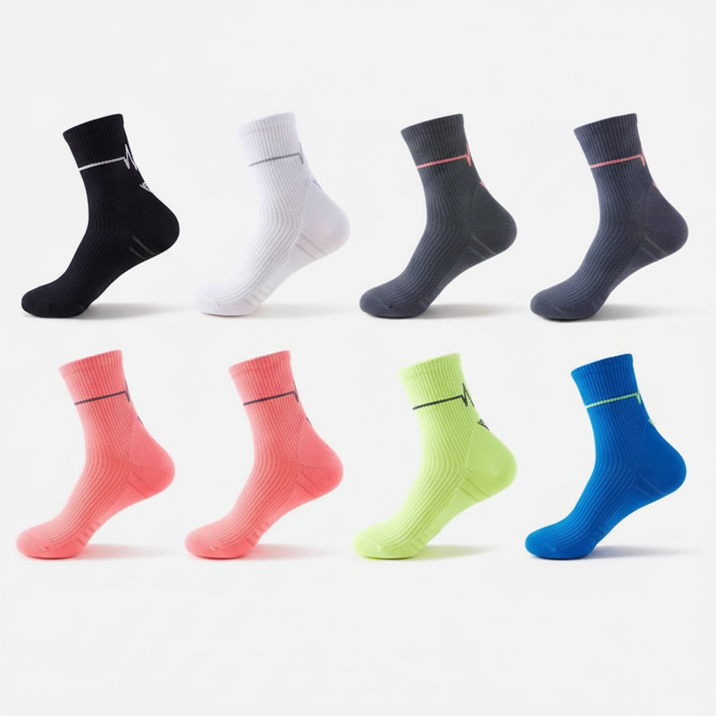 Studio : six chaussettes de coloris différents (noir, blanc, gris foncé, corail, vert fluo, bleu) alignées côte à côte, illustrant le lot 5 paires couleurs mélangées