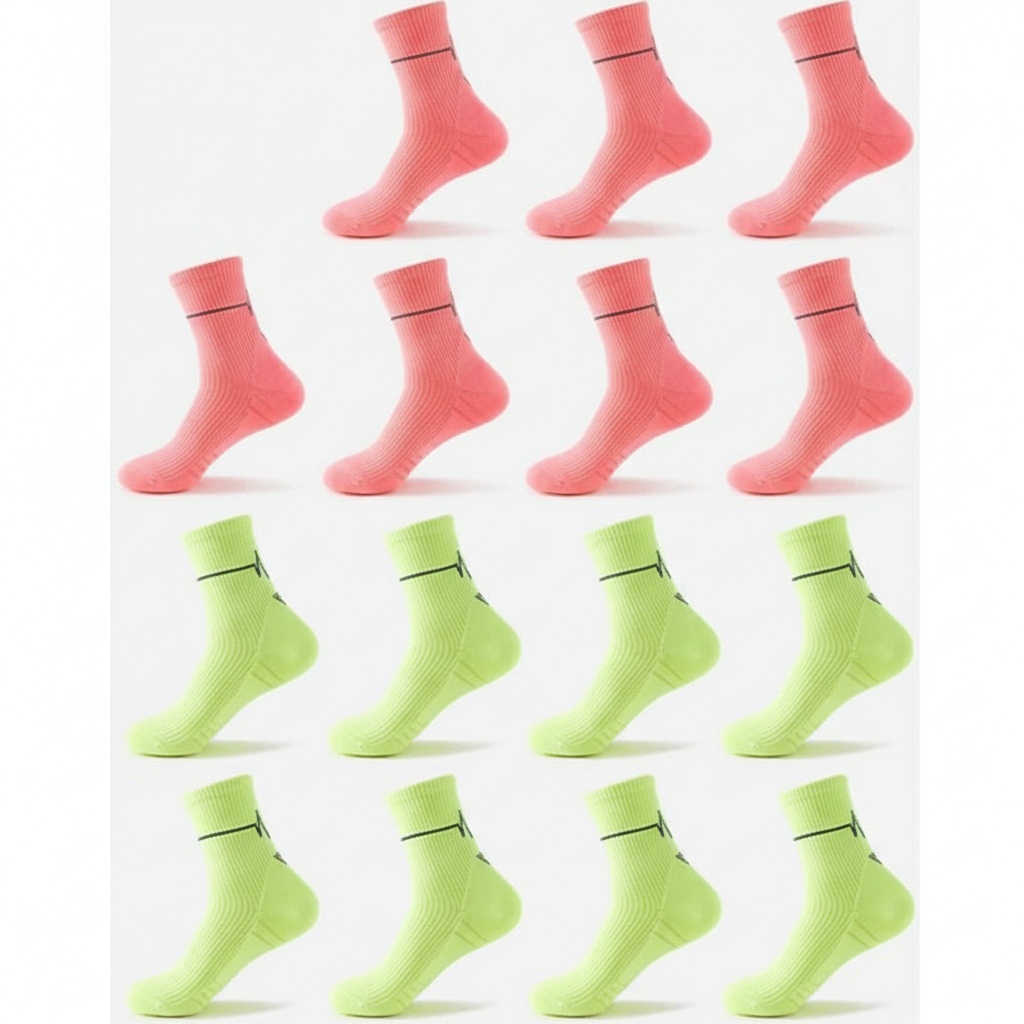 Studio : dix chaussettes alignées, cinq corail et cinq vert fluo, lot 5 rose + 5 vert fluo