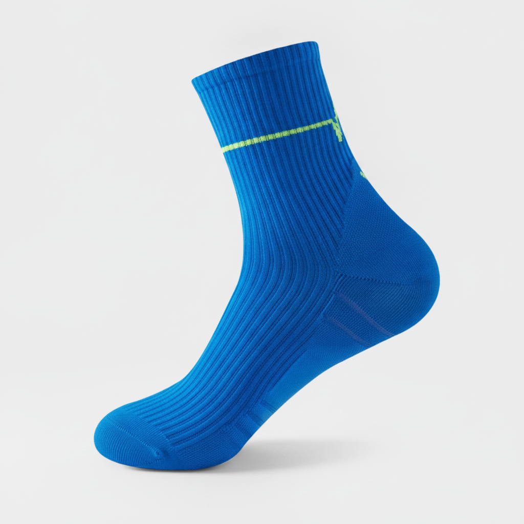 Studio : une chaussette bleue seule, vue de profil
