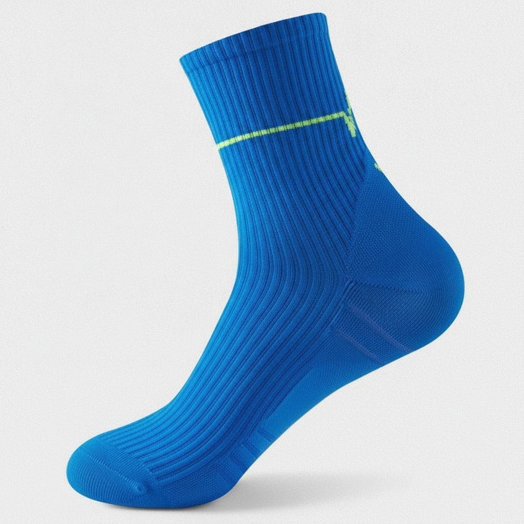 Studio : une chaussette bleue seule, vue de profil