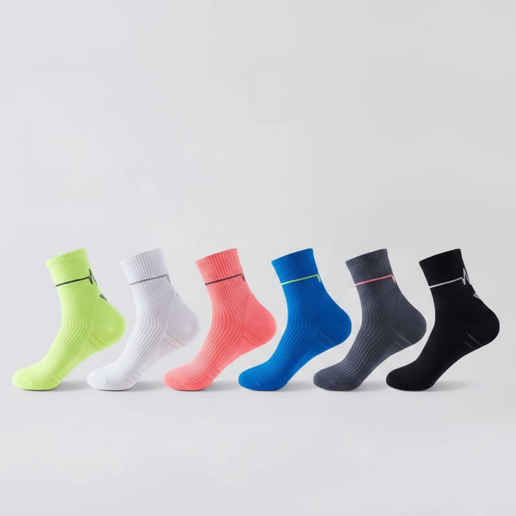 Vue studio des six coloris disponibles alignés côte à côte (vert fluo, blanc, corail, bleu, gris, noir)