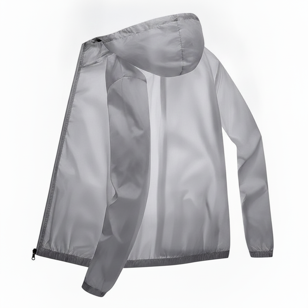 Coupe-vent cycliste ultraléger gris à capuche — vue studio, même pose et cadrage que le blanc, col vierge sans texte