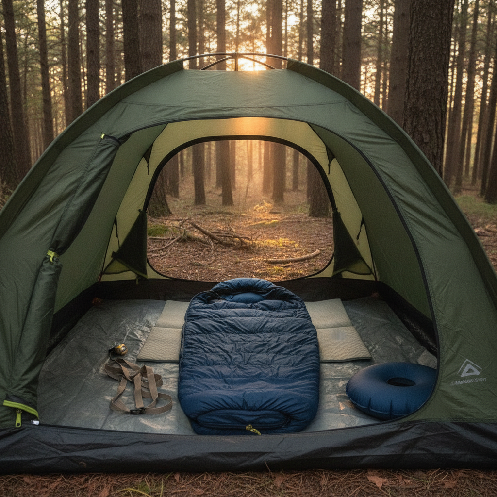 Sac de couchage Velotrip déroulé dans une tente au bivouac en forêt