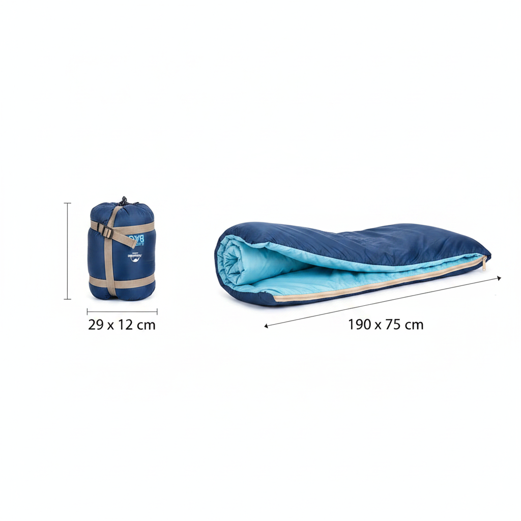 Sac de couchage Velotrip — vue studio avec cotations : 29 x 12 cm compressé, 190 x 75 cm déplié