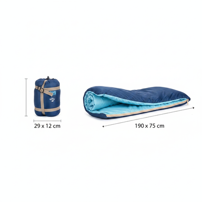 Sac de couchage Velotrip — vue studio avec cotations : 29 x 12 cm compressé, 190 x 75 cm déplié