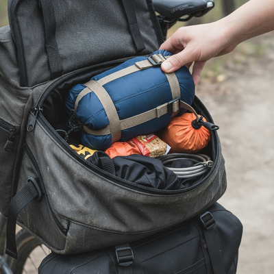Sac de couchage Velotrip compressé, à l'échelle d'une gourde, rangé dans une sacoche ouverte à côté d'autres affaires de bikepacking