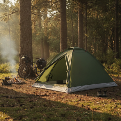 Tente dôme montée en bivouac forestier avec vélo de voyage et feu de camp à proximité