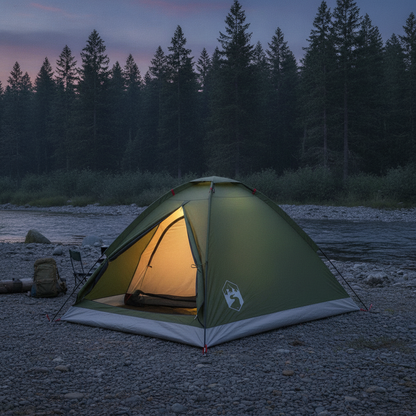 Tente dôme installée en bord de rivière au crépuscule, lumière chaude depuis l'intérieur