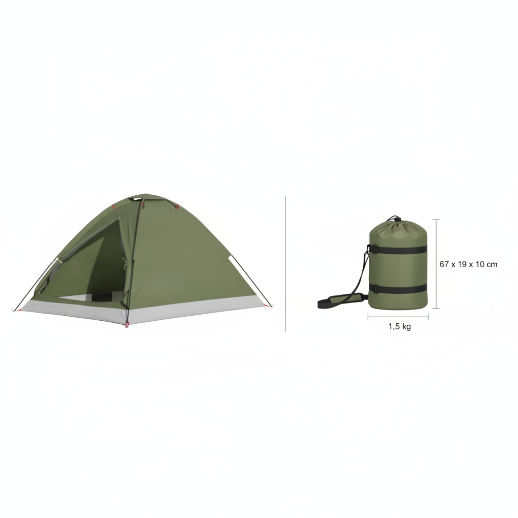 Tente dôme 2 personnes — vue montée et sac de transport avec cotations : 67 x 19 x 10 cm, 1,5 kg