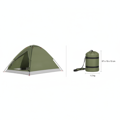 Tente dôme 2 personnes — vue montée et sac de transport avec cotations : 67 x 19 x 10 cm, 1,5 kg