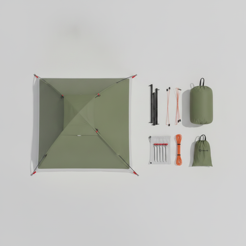 Contenu de l'ensemble tente dôme : toile, arceaux, sardines, haubans et sac de transport
