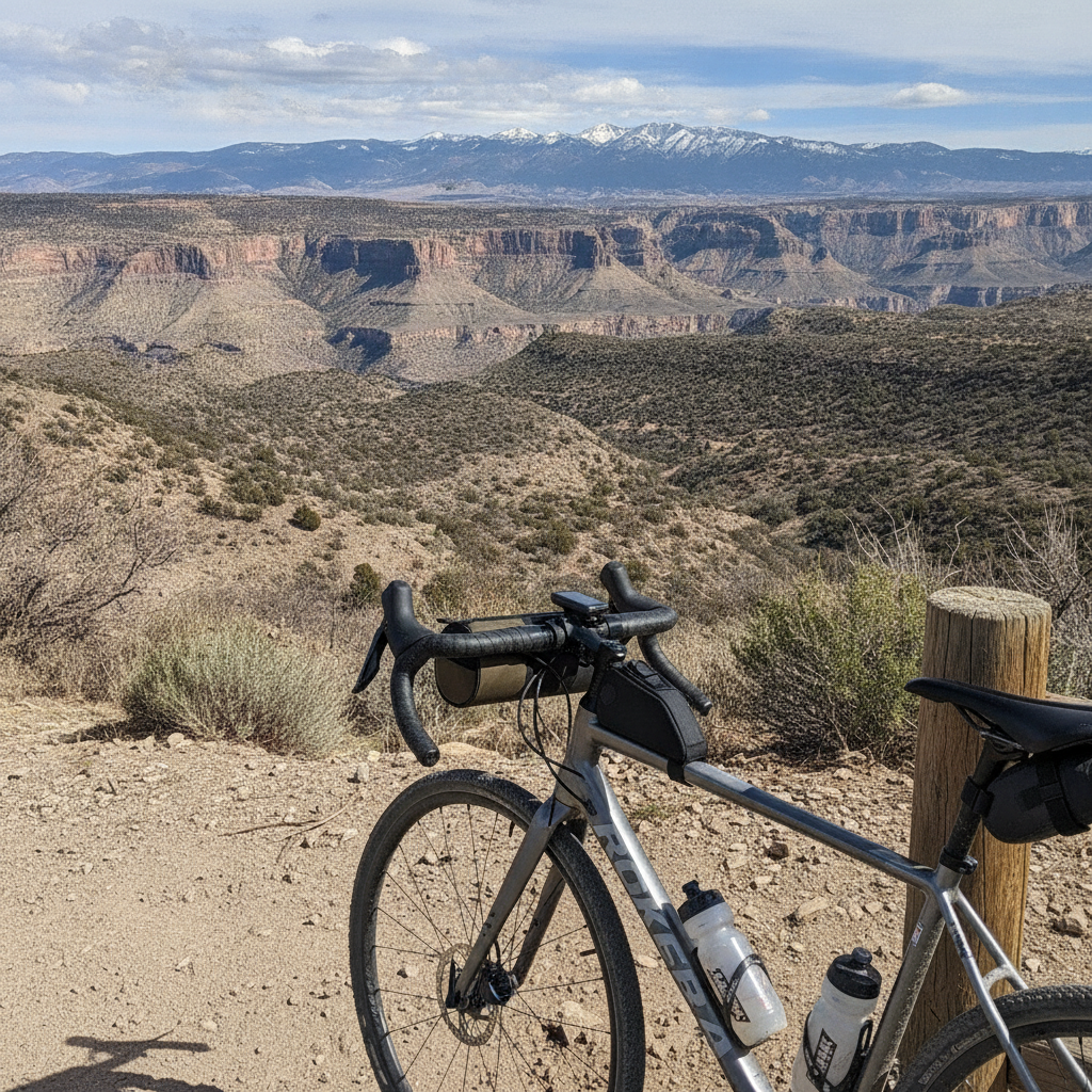 Sacoche de guidon Velotrip montée sur un vélo gravel garé face à un point de vue sur un canyon