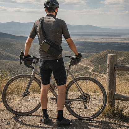 Cycliste portant la sacoche de guidon Velotrip en bandoulière, sangle croisée sur le buste, arrêté avec son vélo gravel face à un point de vue sur les collines