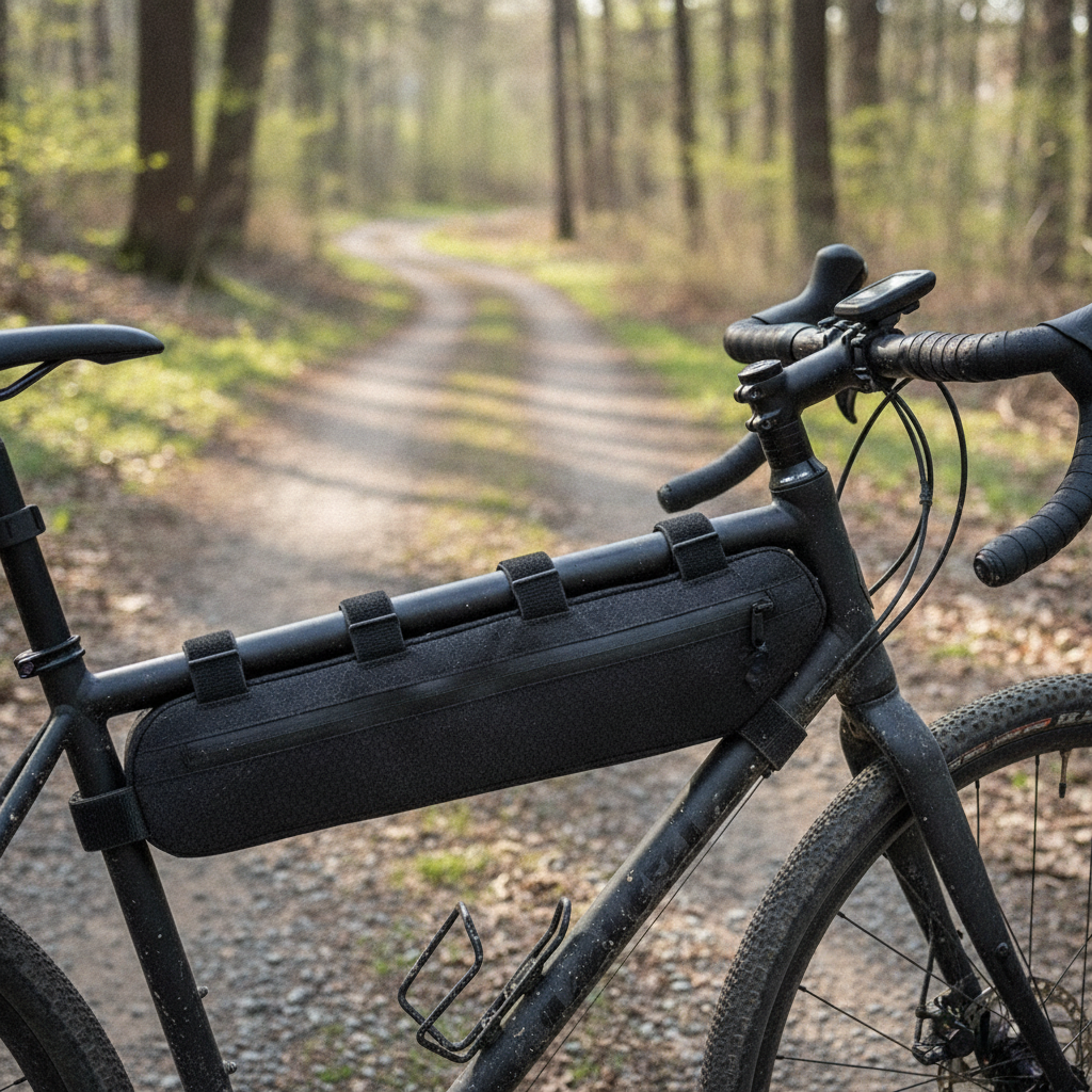 Sacoche de cadre montée sur le tube horizontal d'un vélo gravel, sur un chemin forestier