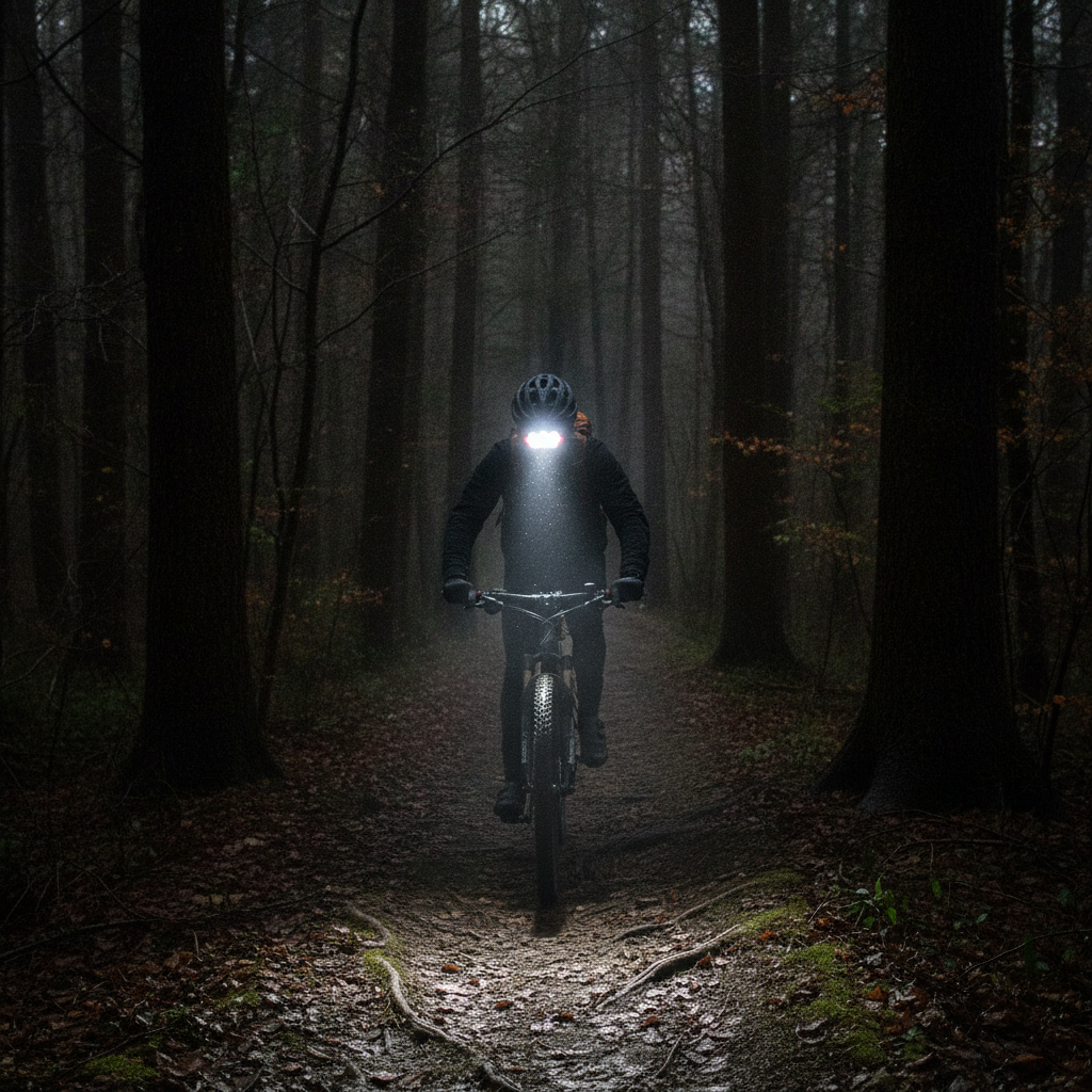 Cycliste roulant en forêt de nuit, faisceau de la lampe frontale éclairant le sentier