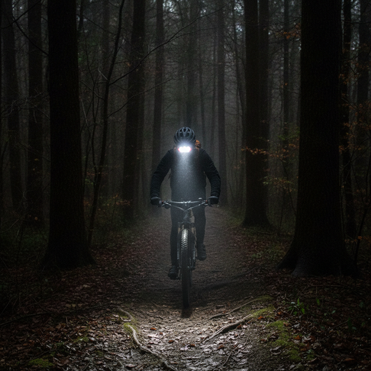 Cycliste roulant en forêt de nuit, faisceau de la lampe frontale éclairant le sentier