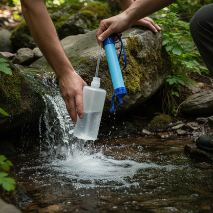 Remplissage d'une gourde souple avec de l'eau de source filtrée grâce au filtre à eau à paille