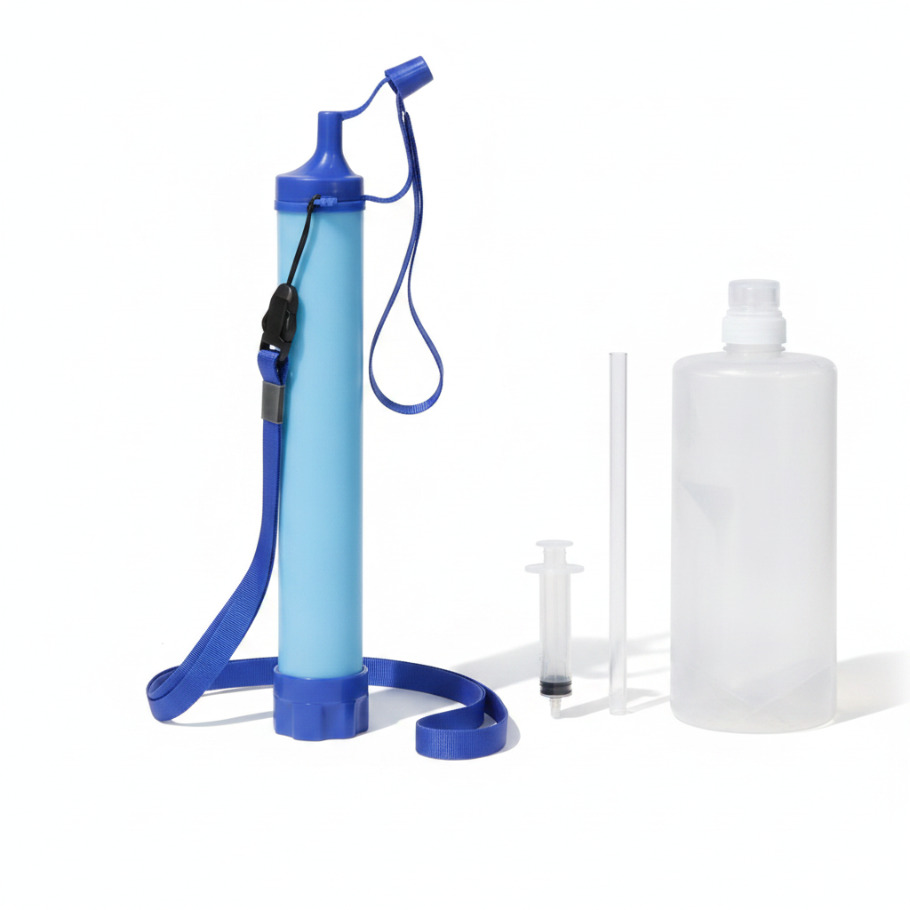 Filtre à eau à paille avec seringue de nettoyage et gourde — vue studio