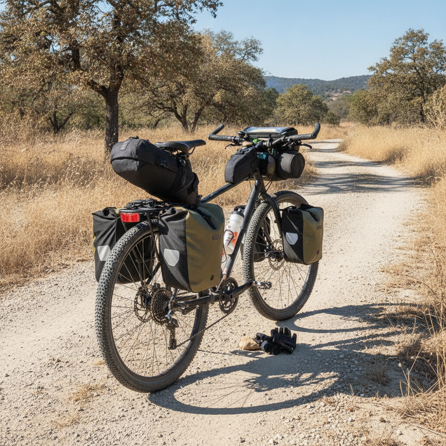 Sacoche de selle Velotrip montée sur un vélo de voyage chargé sur piste de gravier