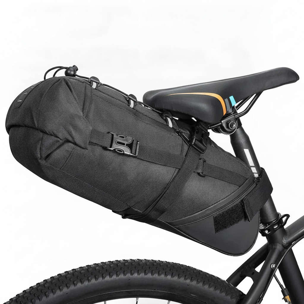 Sacoche de selle Velotrip 10L noire montée sous la selle — vue studio détaillée