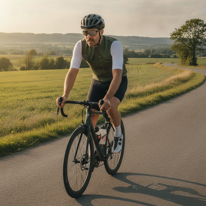 Cycliste portant le maillot olive sur une route de campagne ensoleillée
