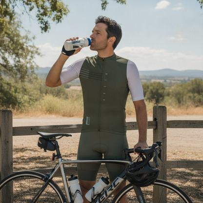 Cycliste en maillot olive buvant à la gourde lors d'une pause près de son vélo