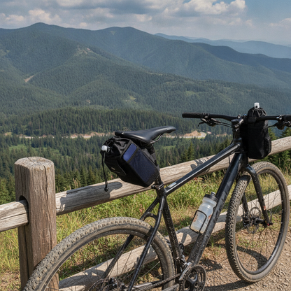 Sacoche isolante Velotrip montée sur tube de selle, vélo garé en point de vue montagne