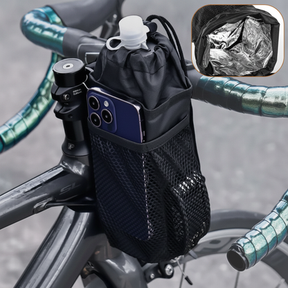 Sacoche de guidon isolante Velotrip montée sur cintre avec gourde et téléphone — vue studio