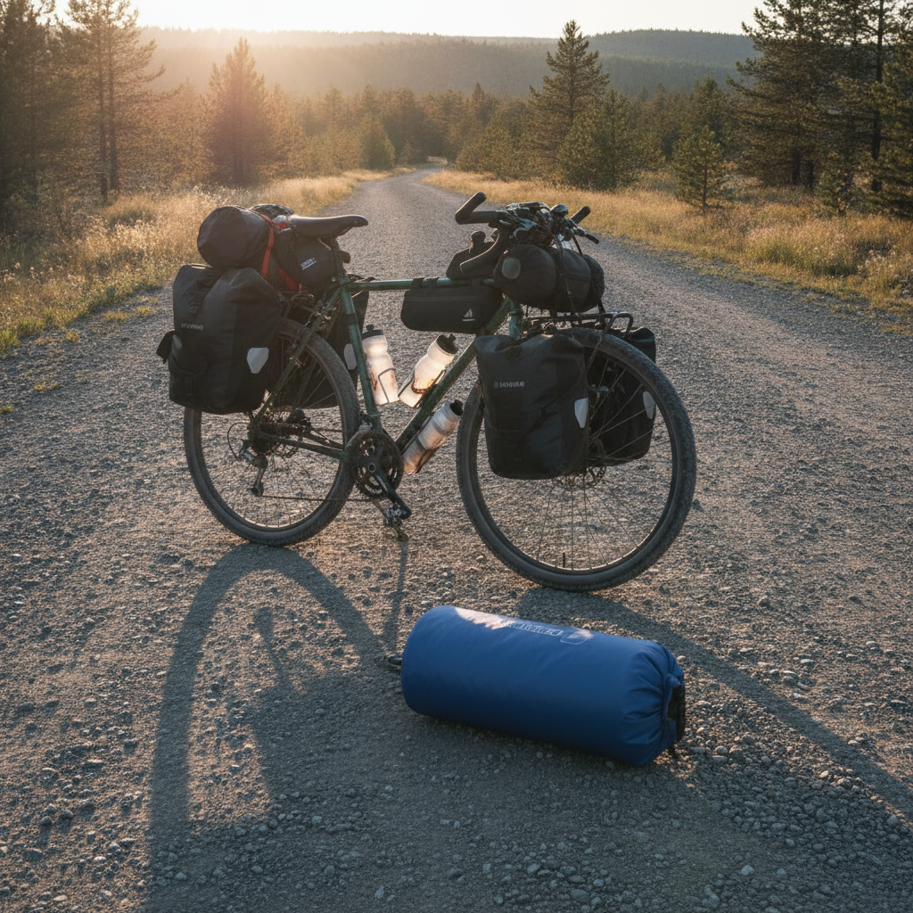 Sac étanche bleu 25L posé au sol devant un vélo de voyage chargé sur une piste gravier, lumière de fin de journée