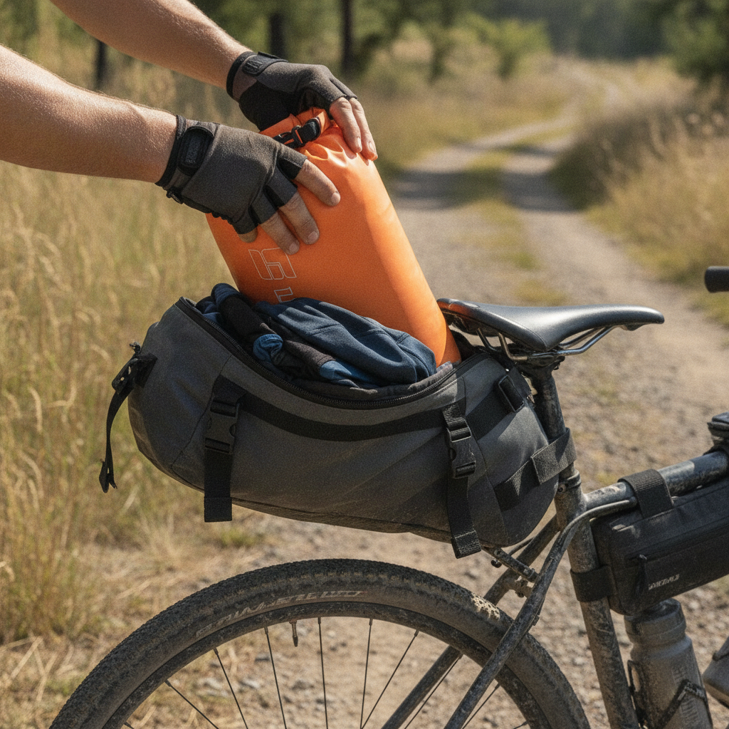 Sac étanche orange 8L glissé à la main dans une sacoche de selle ouverte contenant des vêtements, utilisation comme organiseur de rangement en bikepacking