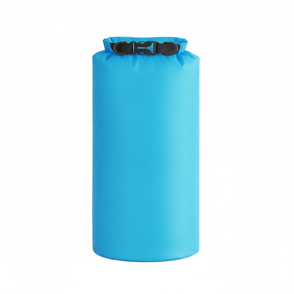 Sac étanche roll-top bleu ciel 5L, vue studio sur fond neutre, boucle de fermeture noire