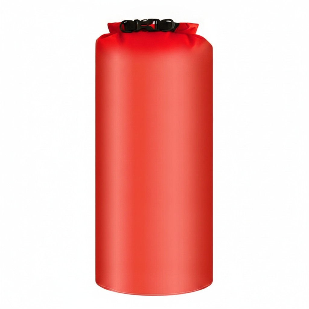 Sac étanche roll-top rouge 12L, vue studio sur fond neutre, boucle de fermeture noire