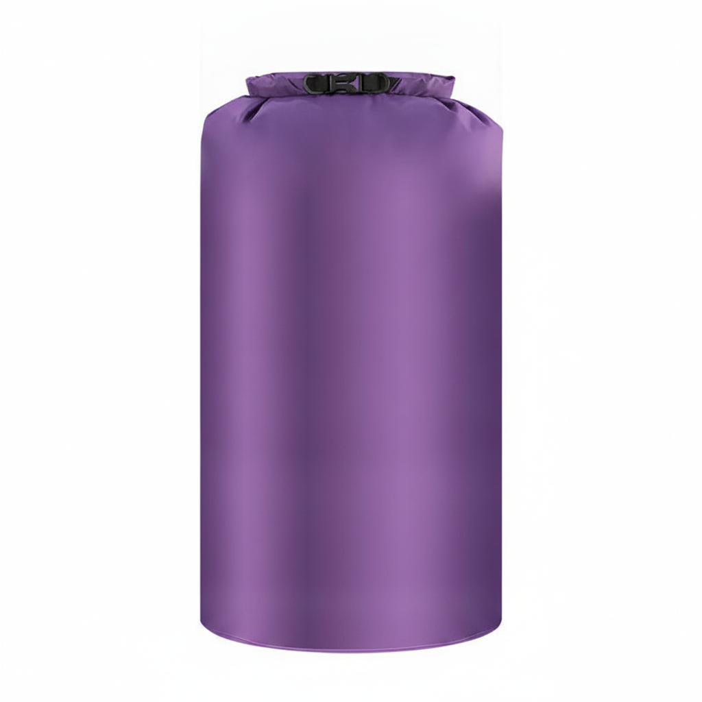 Sac étanche roll-top violet 35L, vue studio sur fond neutre, boucle de fermeture noire