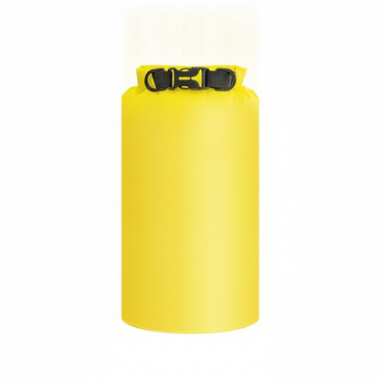 Sac étanche roll-top jaune 3L, vue studio sur fond neutre, boucle de fermeture noire