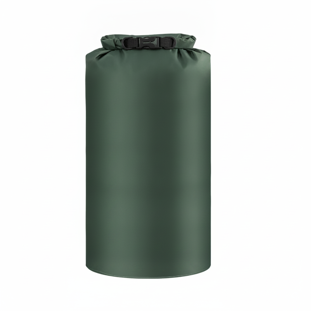 Sac étanche roll-top vert foncé 15L, vue studio sur fond neutre, boucle de fermeture noire