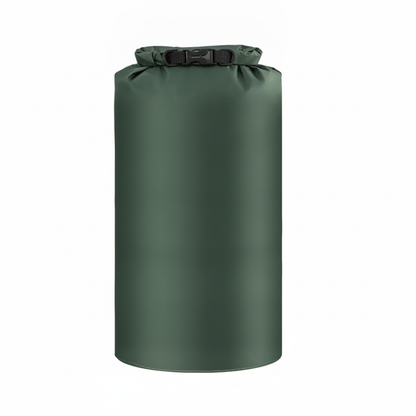 Sac étanche roll-top vert foncé 15L, vue studio sur fond neutre, boucle de fermeture noire