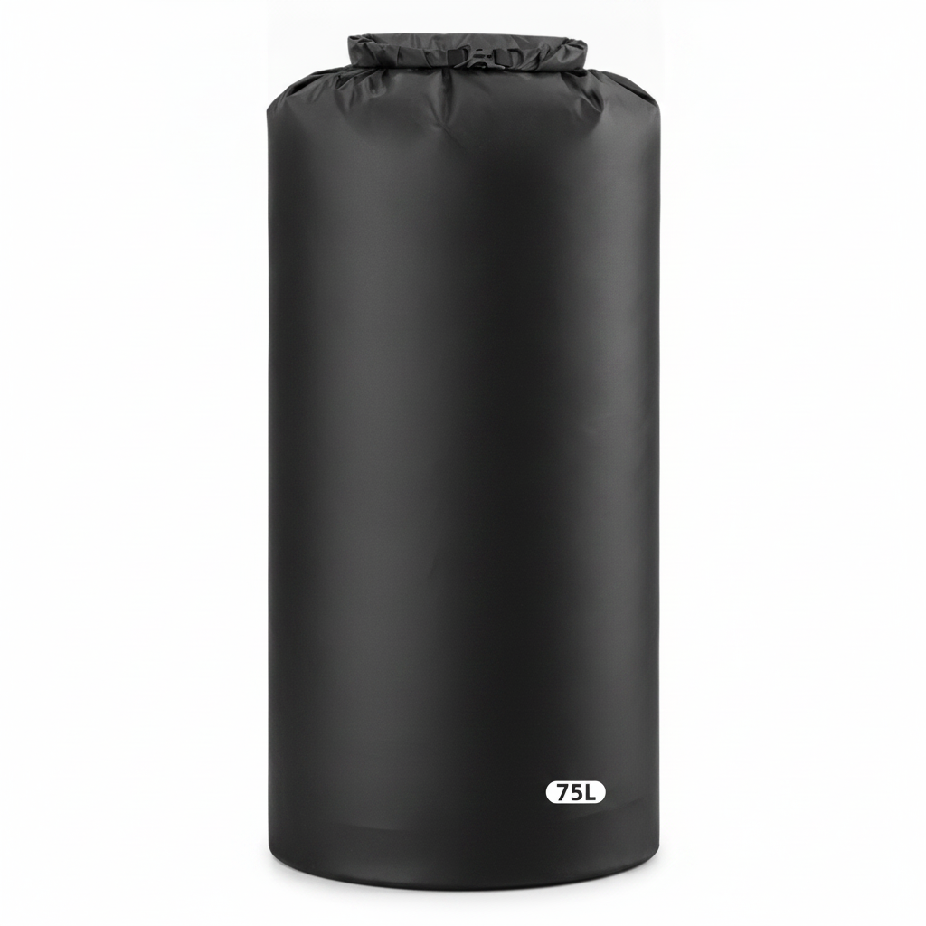 Sac étanche roll-top noir 75L, vue studio sur fond neutre, boucle de fermeture noire, étiquette de contenance visible