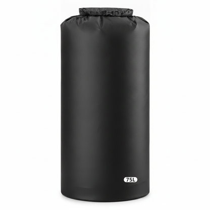 Sac étanche roll-top noir 75L, vue studio sur fond neutre, boucle de fermeture noire, étiquette de contenance visible