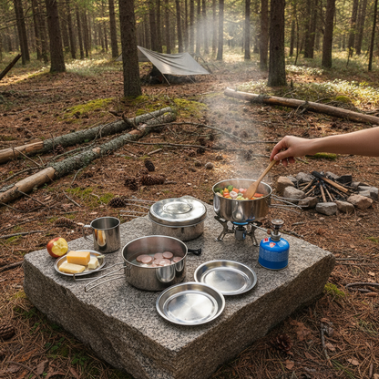 Kit de cuisine inox utilisé sur un feu de bivouac en forêt avec repas en préparation