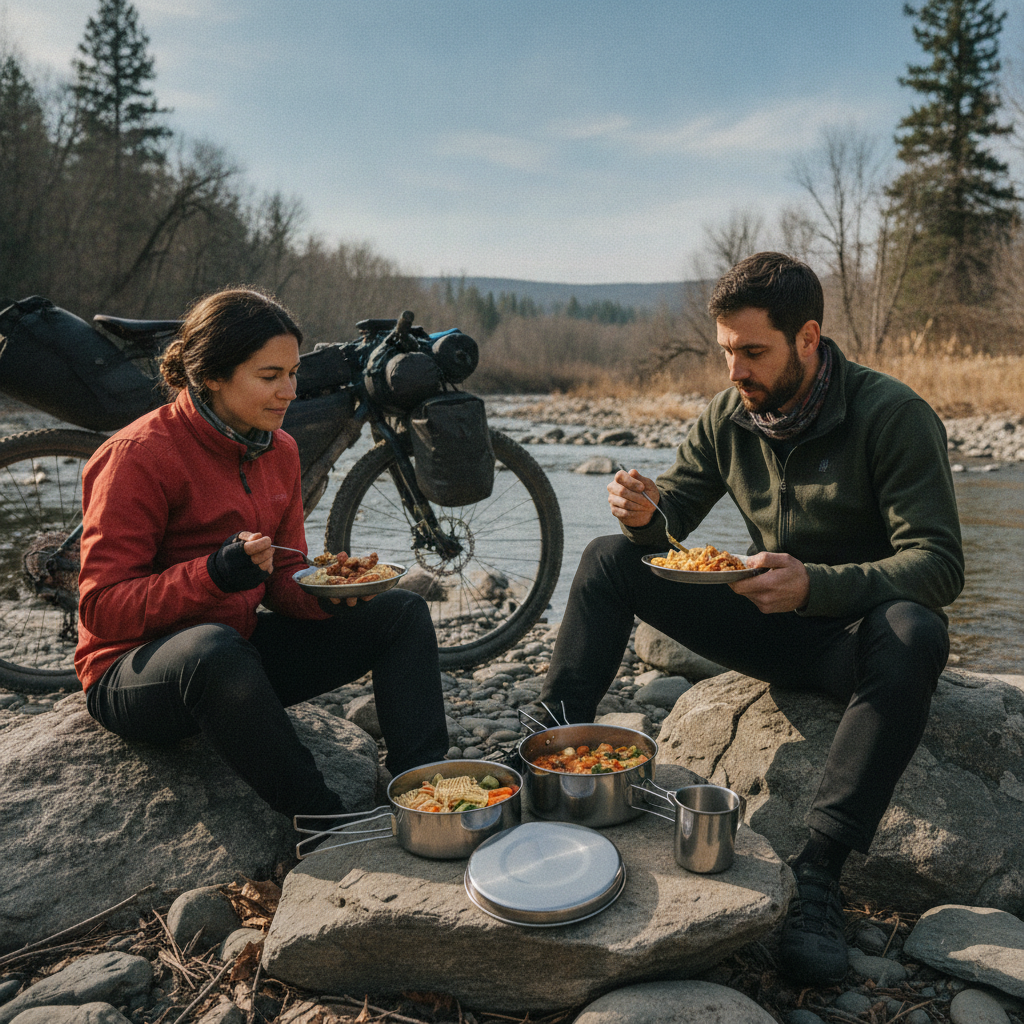 Deux cyclistes partageant un repas préparé avec le kit de cuisine inox au bord d'une rivière